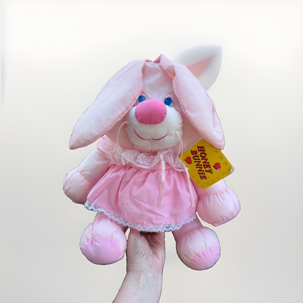 NWT Happy Mates Nylon Parachute Pink Bunny Rabbit plush Dress blue eyes Vintage
